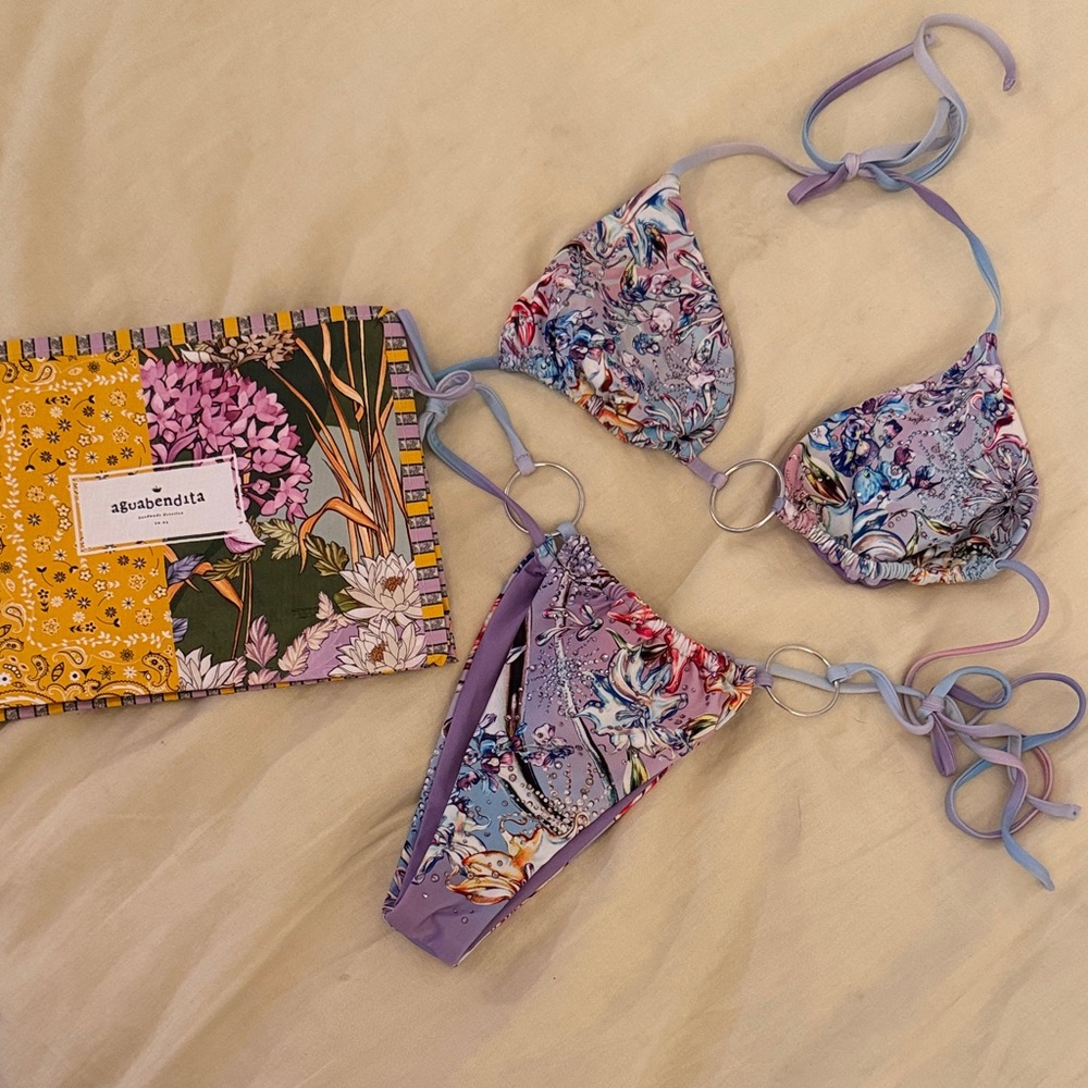Agua Bendita Purple and Blue Floral Crystal Bikini